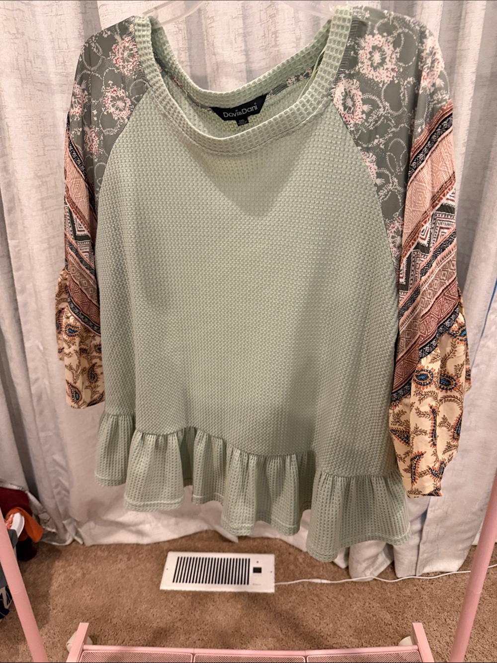 DAVI & DANI Sage Green Waffle Knit Peplum Top with Mixed Print Sleeves